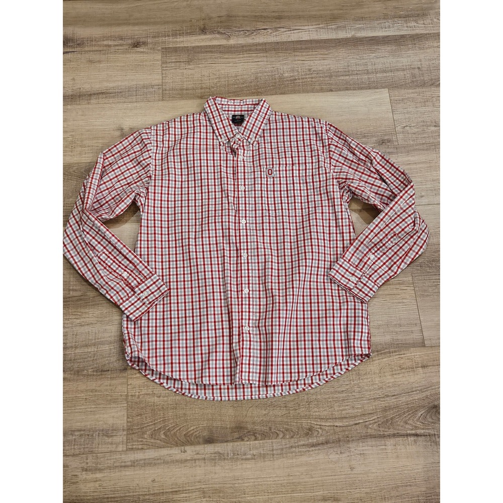 Ohio State Buckeyes Shirt Mens L Red Gray Plaid Button Down Long Sleeve NCAA